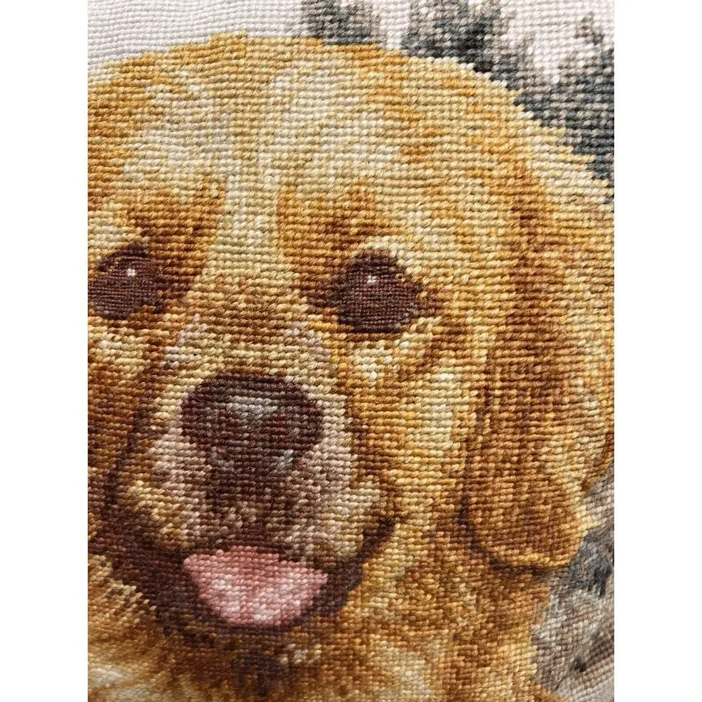 VTG Wool/ Cotton Needlepoint Pillow Golden Retriever Dog